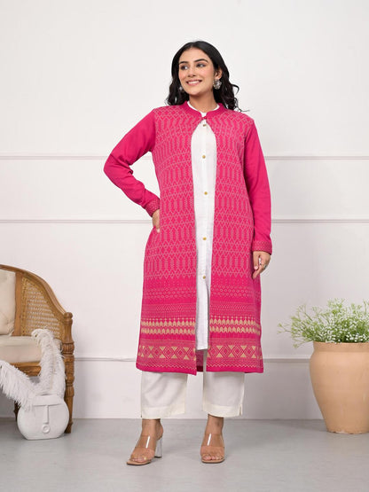 Pink Ethnic Motif Printed Cotton Long Winter Wear Jacket