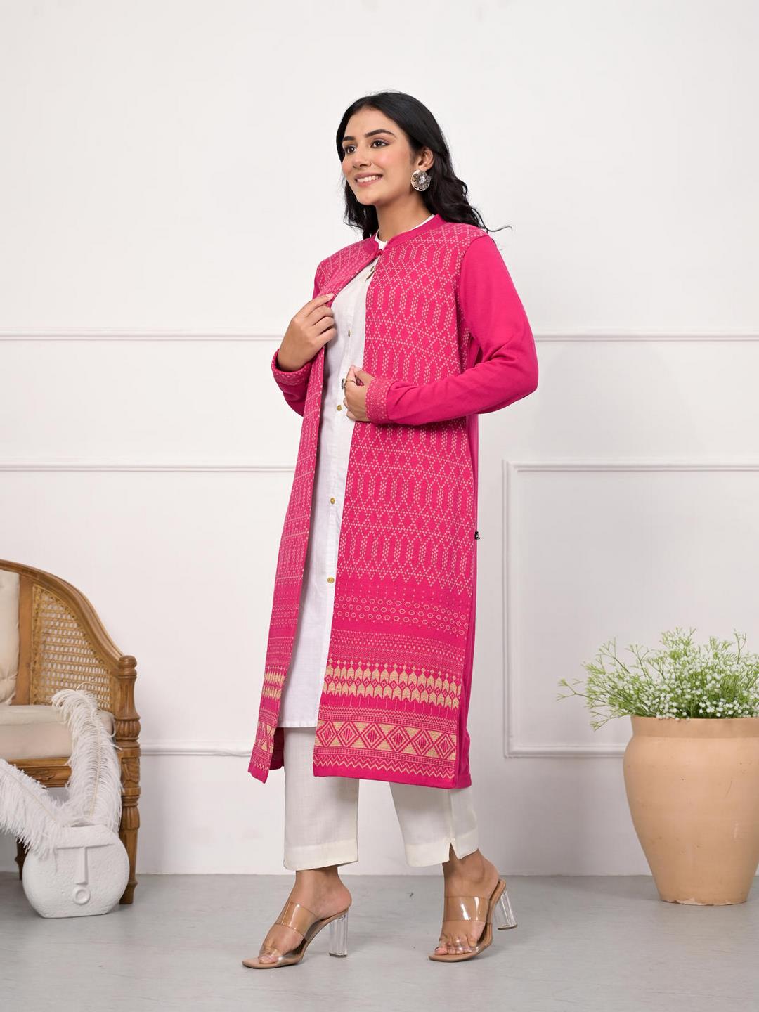 Pink Ethnic Motif Printed Cotton Long Winter Wear Jacket