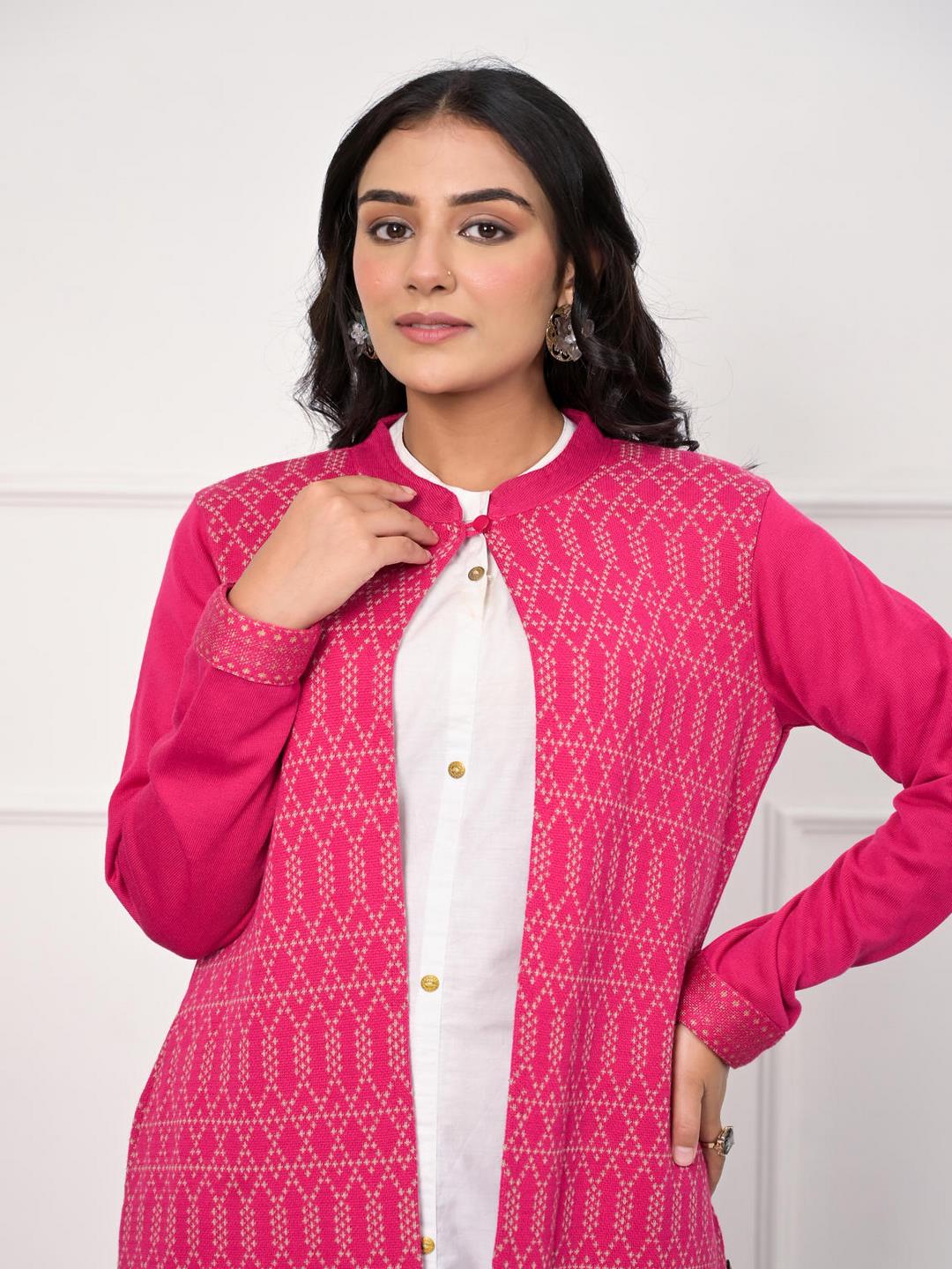 Pink Ethnic Motif Printed Cotton Long Winter Wear Jacket