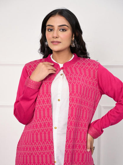Pink Ethnic Motif Printed Cotton Long Winter Wear Jacket