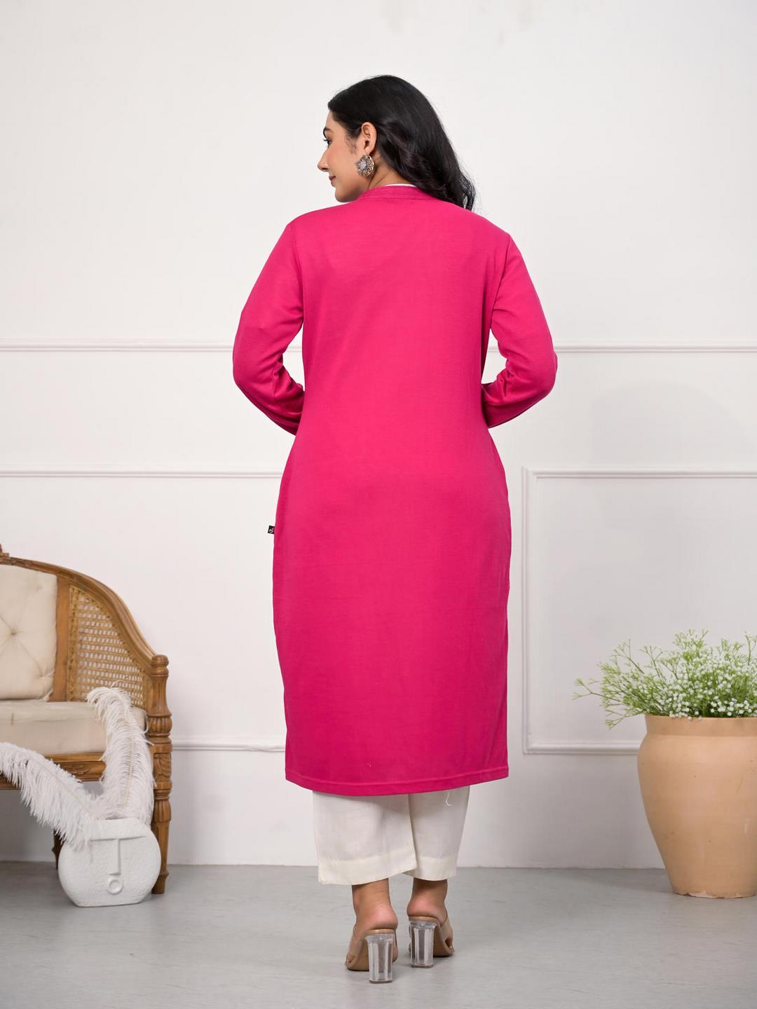 Pink Ethnic Motif Printed Cotton Long Winter Wear Jacket