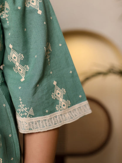Sage Green Geometric Printed Cotton Flex Jumpsuit With Zip Closure