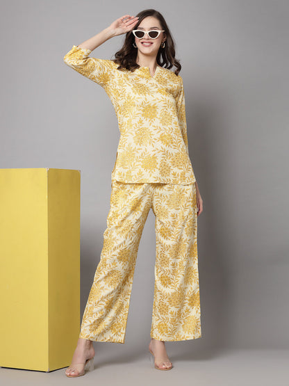 Mustard Floral Printed Co-Ords Set - Rayon Fabric, 3/4 Sleeves, Keyhole Neck And Hips Length