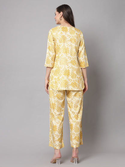 Mustard Floral Printed Co-Ords Set - Rayon Fabric, 3/4 Sleeves, Keyhole Neck And Hips Length