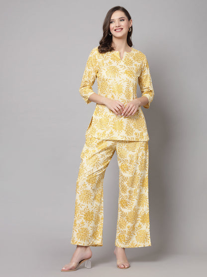 Mustard Floral Printed Co-Ords Set - Rayon Fabric, 3/4 Sleeves, Keyhole Neck And Hips Length