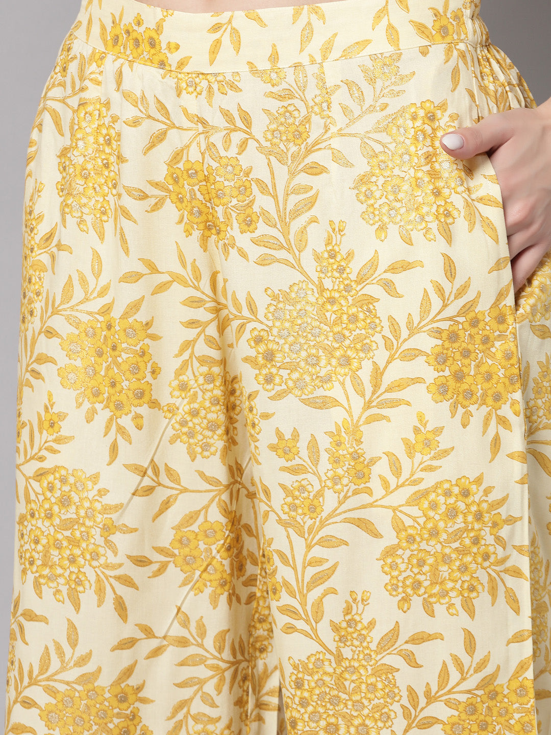 Mustard Floral Printed Co-Ords Set - Rayon Fabric, 3/4 Sleeves, Keyhole Neck And Hips Length
