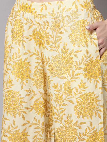 Mustard Floral Printed Co-Ords Set - Rayon Fabric, 3/4 Sleeves, Keyhole Neck And Hips Length