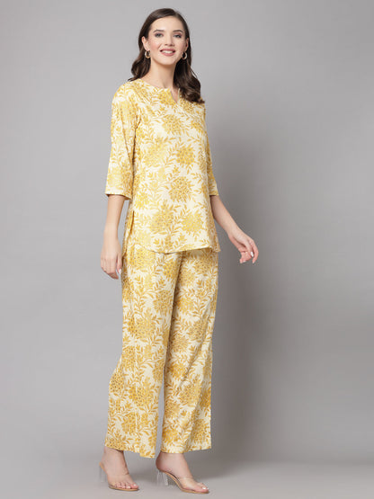 Mustard Floral Printed Co-Ords Set - Rayon Fabric, 3/4 Sleeves, Keyhole Neck And Hips Length