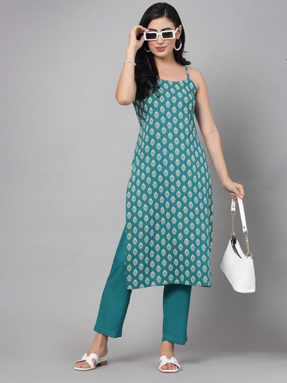 Green Self-Design Kurta Set - Rayon Fabric, Sleeveless, Square Neck And Calf Length