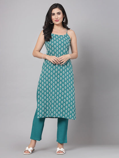 Green Self-Design Kurta Set - Rayon Fabric, Sleeveless, Square Neck And Calf Length