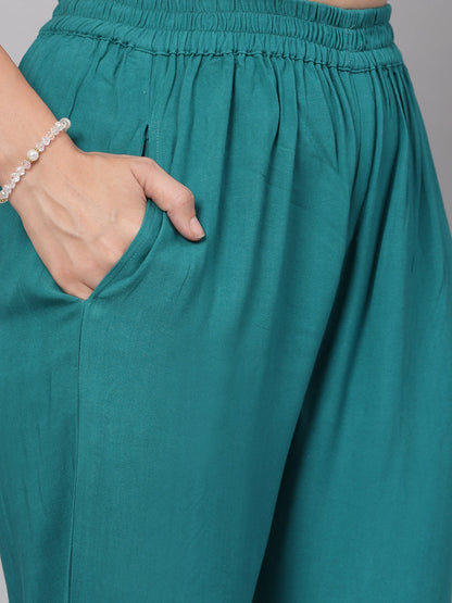 Green Self-Design Kurta Set - Rayon Fabric, Sleeveless, Square Neck And Calf Length