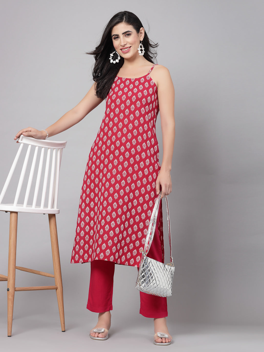 Maroon Self-Design Kurta Set - Rayon Fabric, Sleeveless, Square Neck And Calf Length