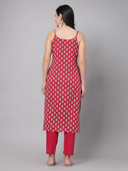 Maroon Self-Design Kurta Set - Rayon Fabric, Sleeveless, Square Neck And Calf Length