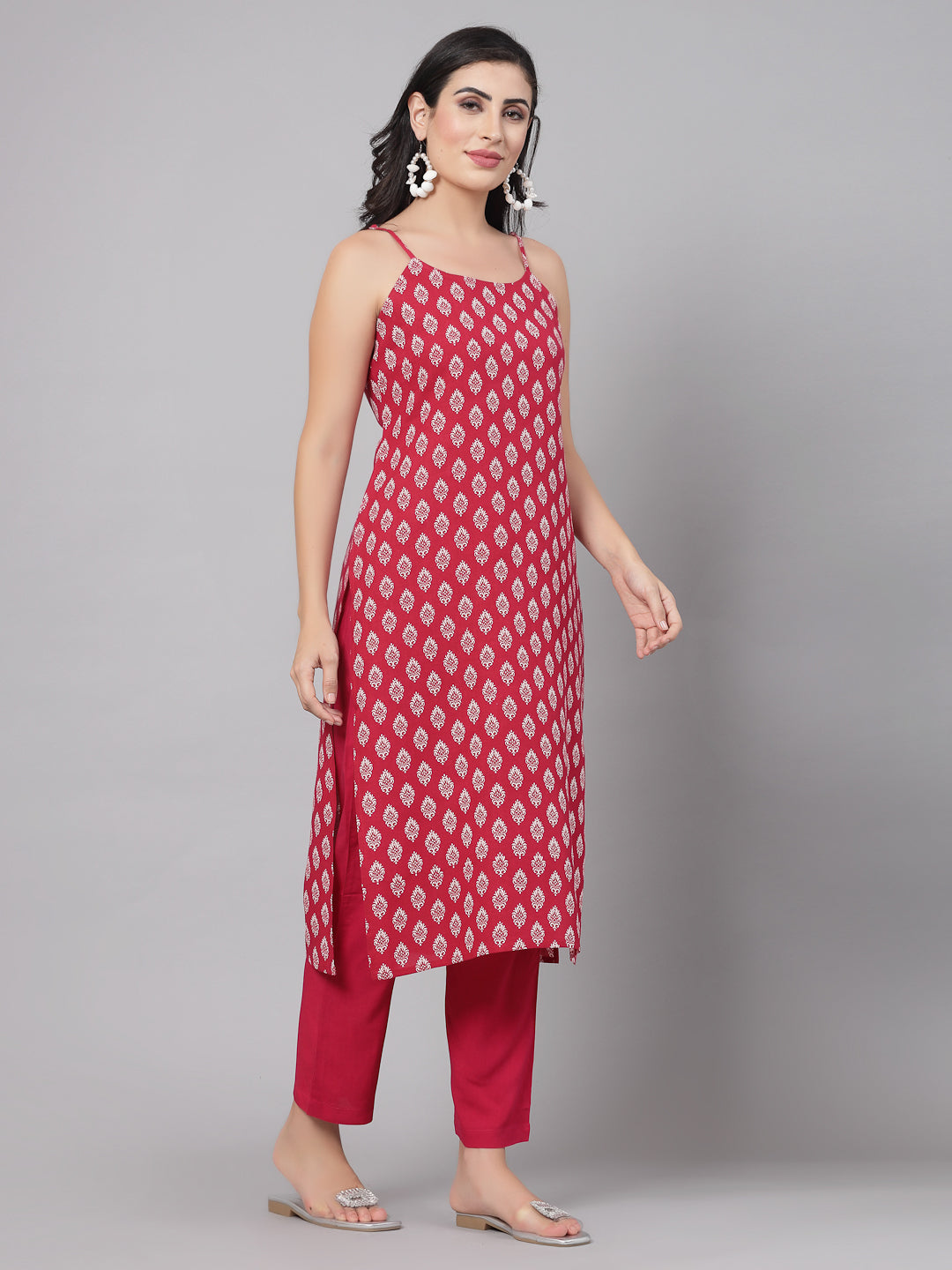 Maroon Self-Design Kurta Set - Rayon Fabric, Sleeveless, Square Neck And Calf Length