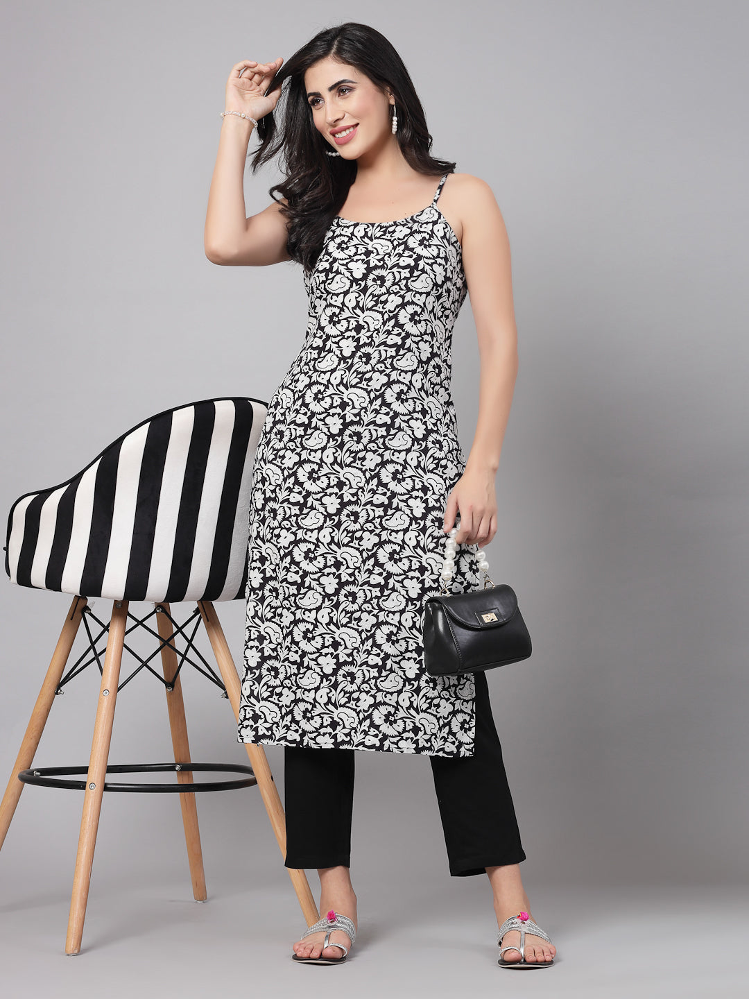 Black Floral Printed Kurta Set - Rayon Fabric, Sleeveless, Square Neck And Calf Length