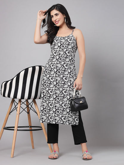 Black Floral Printed Kurta Set - Rayon Fabric, Sleeveless, Square Neck And Calf Length