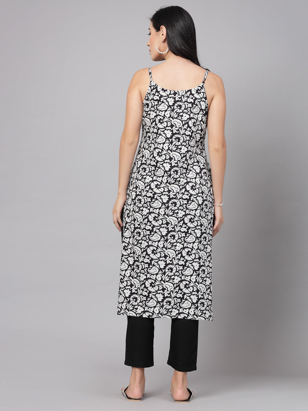 Black Floral Printed Kurta Set - Rayon Fabric, Sleeveless, Square Neck And Calf Length