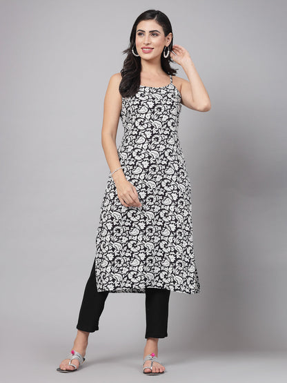 Black Floral Printed Kurta Set - Rayon Fabric, Sleeveless, Square Neck And Calf Length