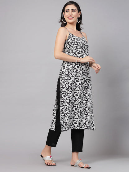 Black Floral Printed Kurta Set - Rayon Fabric, Sleeveless, Square Neck And Calf Length