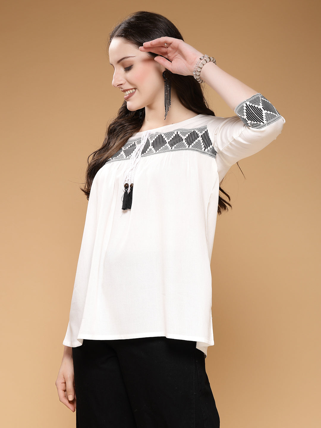 Self-Design Round Neck 3/4 Sleeves Hips Length Rayon Tops & Tunic
