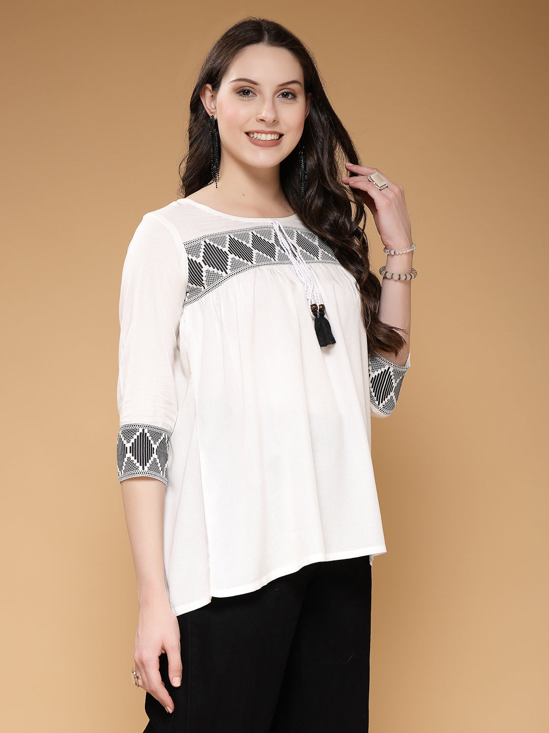 Self-Design Round Neck 3/4 Sleeves Hips Length Rayon Tops & Tunic