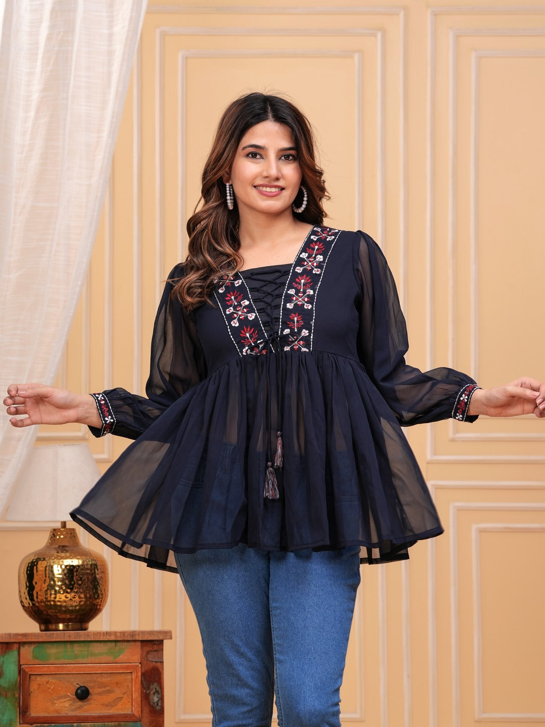 Navy Blue Georgette Solid Top