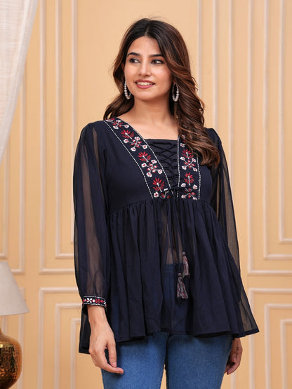 Navy Blue Georgette Solid Top