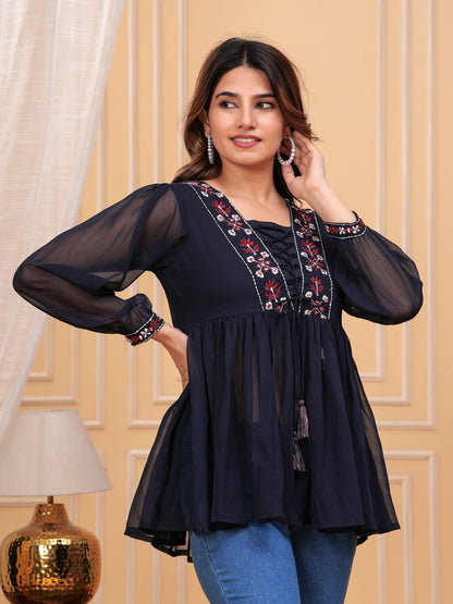 Navy Blue Georgette Solid Top