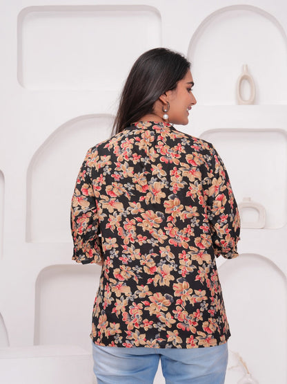 Black Rayon Foil Print Top