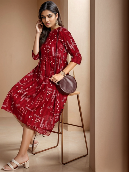 Geometric Round Neck 3/4 Sleeves Calf Length Cotton Straight Kurta