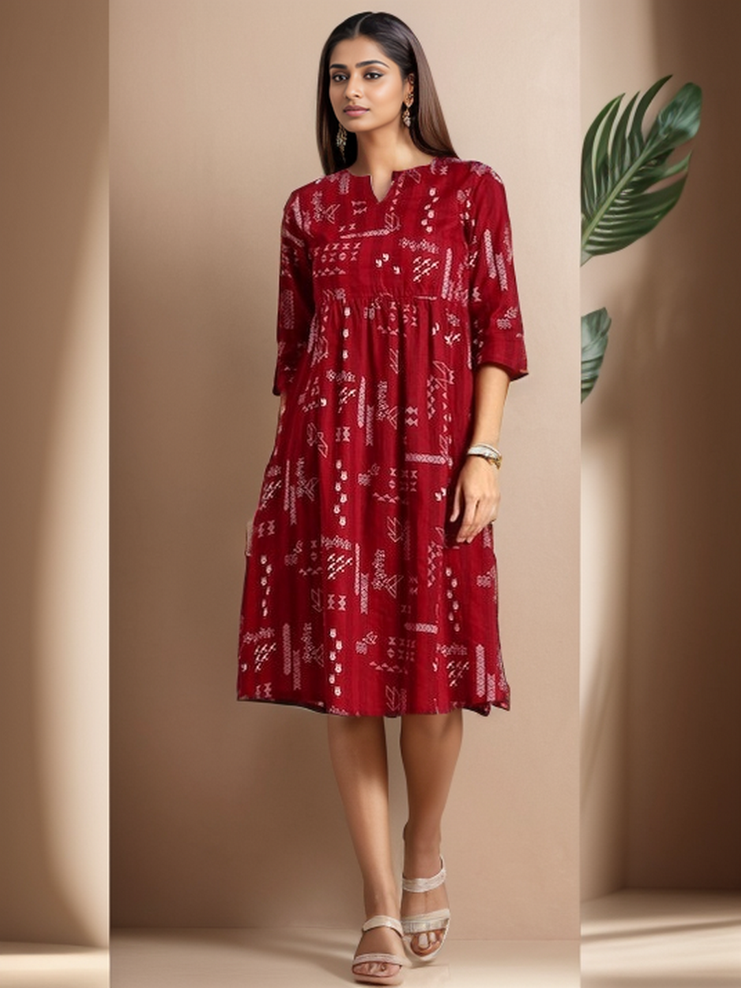 Geometric Round Neck 3/4 Sleeves Calf Length Cotton Straight Kurta