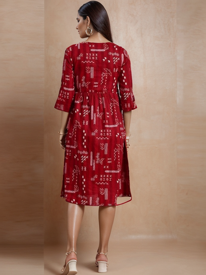 Geometric Round Neck 3/4 Sleeves Calf Length Cotton Straight Kurta