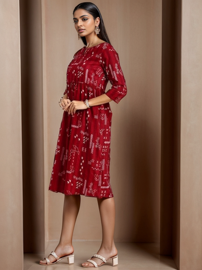 Geometric Round Neck 3/4 Sleeves Calf Length Cotton Straight Kurta