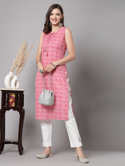 Pink Self-Design Kurta - Rayon Fabric, Sleeveless, Round Neck And Calf Length