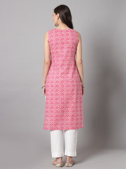 Pink Self-Design Kurta - Rayon Fabric, Sleeveless, Round Neck And Calf Length
