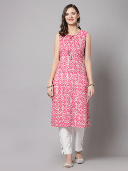 Pink Self-Design Kurta - Rayon Fabric, Sleeveless, Round Neck And Calf Length