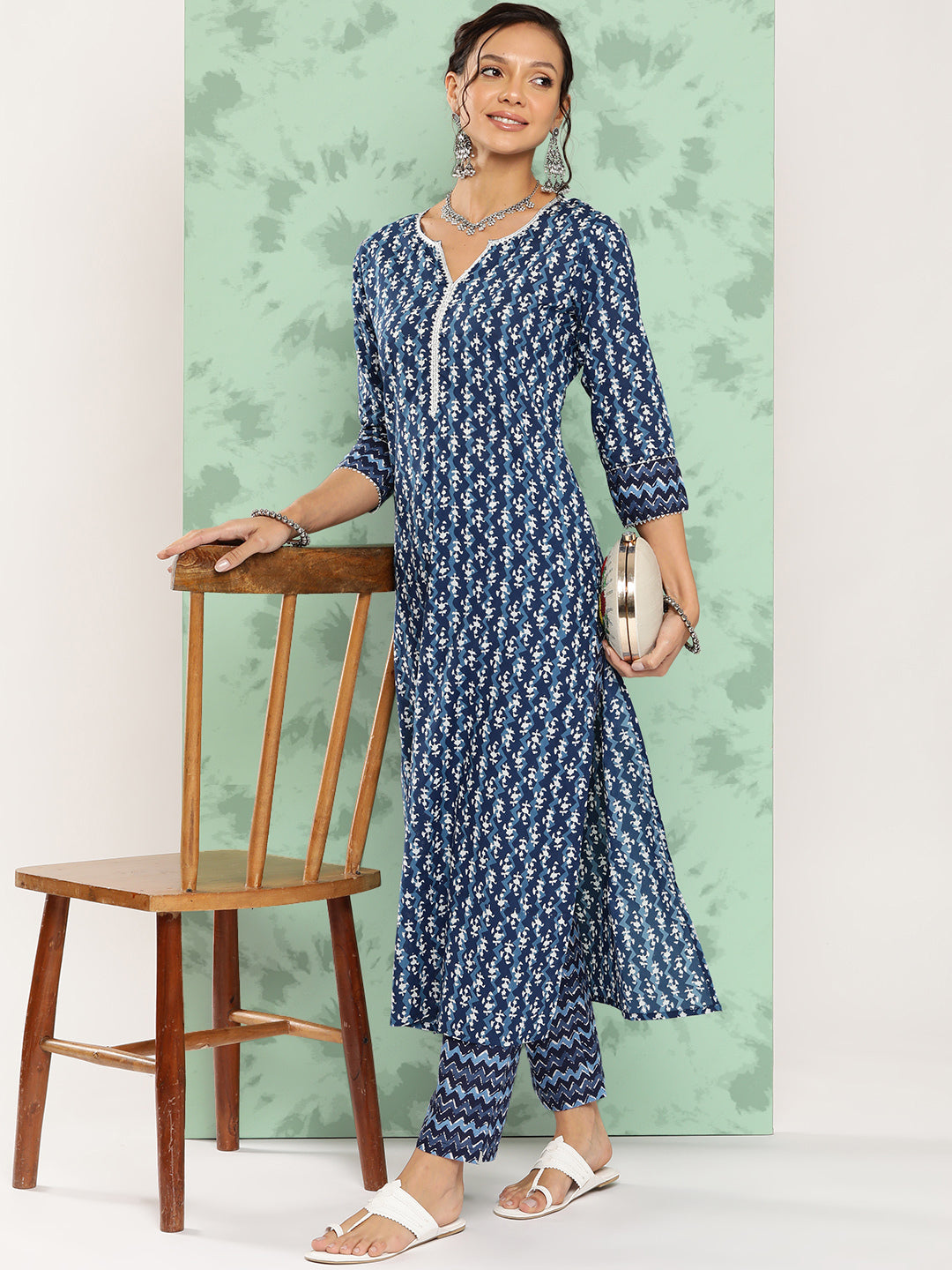 Pure Cotton Round Neck 3/4 Sleeve Printed Kurta Set