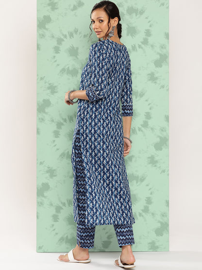 Pure Cotton Round Neck 3/4 Sleeve Printed Kurta Set