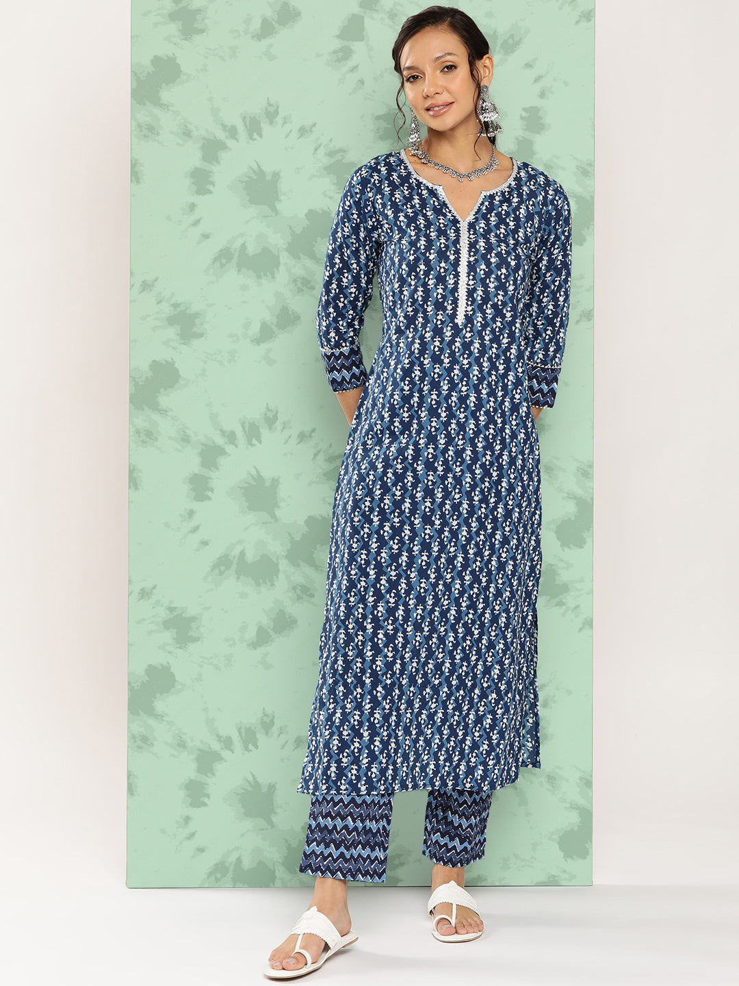 Pure Cotton Round Neck 3/4 Sleeve Printed Kurta Set