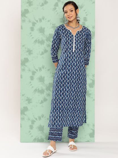 Pure Cotton Round Neck 3/4 Sleeve Printed Kurta Set