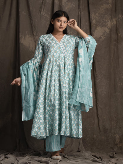 Pure Cotton V Neck 3/4 Sleeve Printed Kurta Set With Dupatta