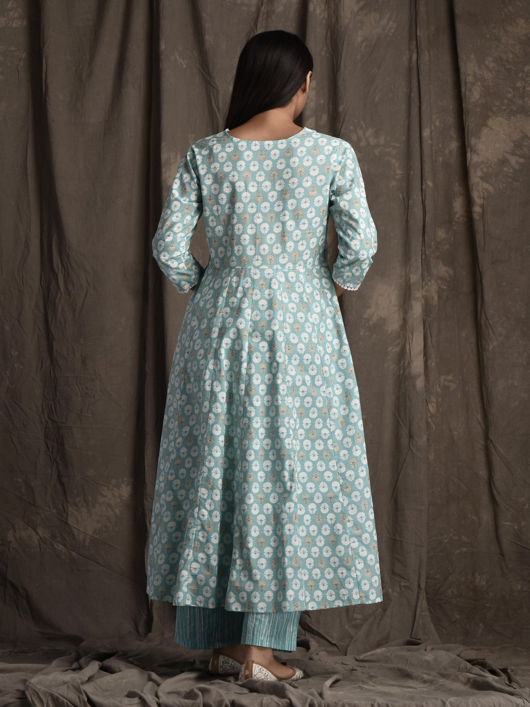 Pure Cotton V Neck 3/4 Sleeve Printed Kurta Set With Dupatta