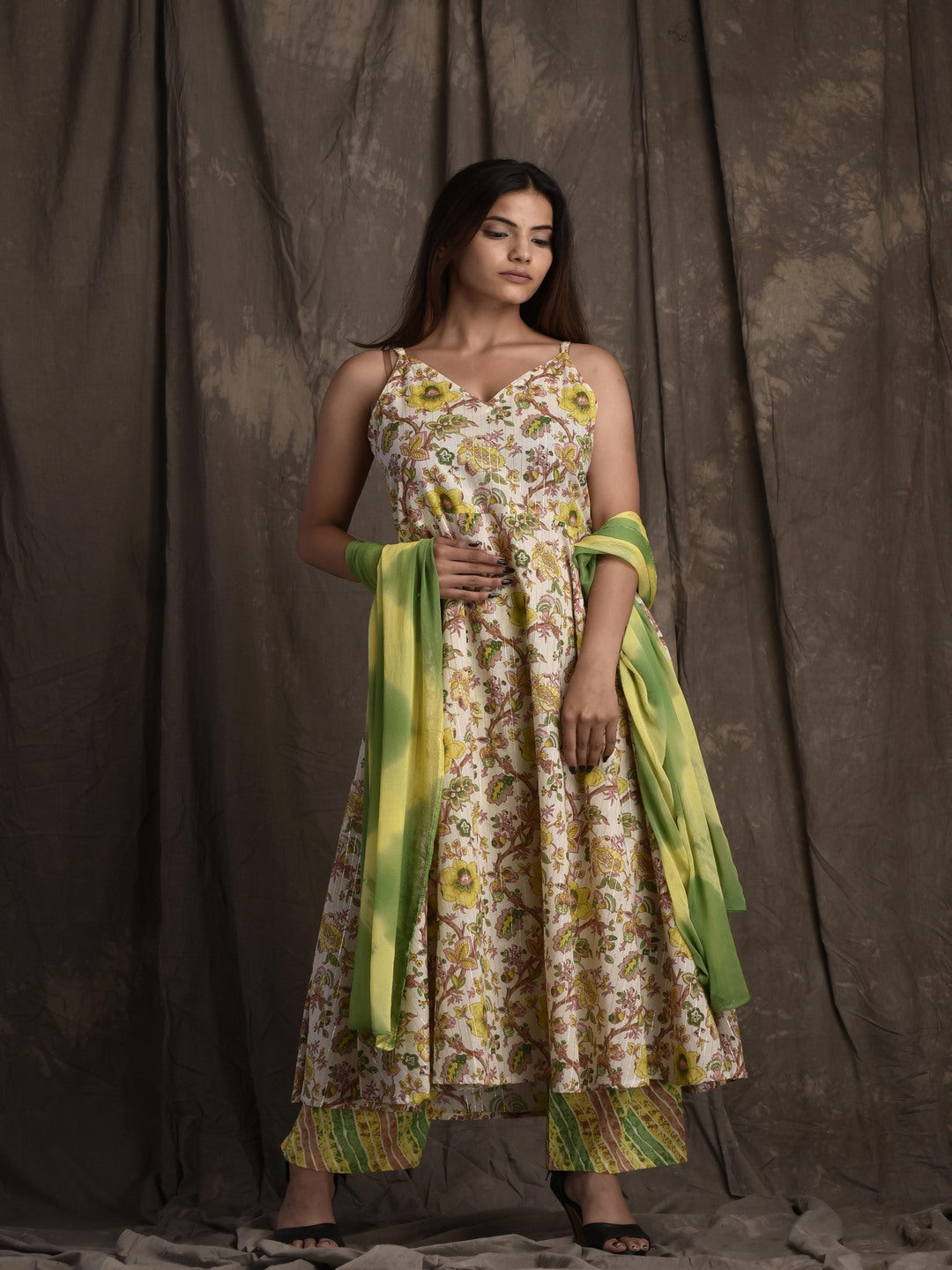 Pure Cotton V Neck 3/4 Sleeve Printed Kurta Set With Dupatta