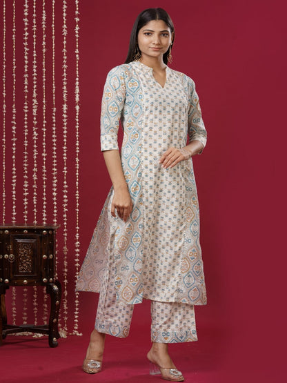 Viscose Rayon Mandarin Collar 3/4 Sleeve Printed Kurta Set