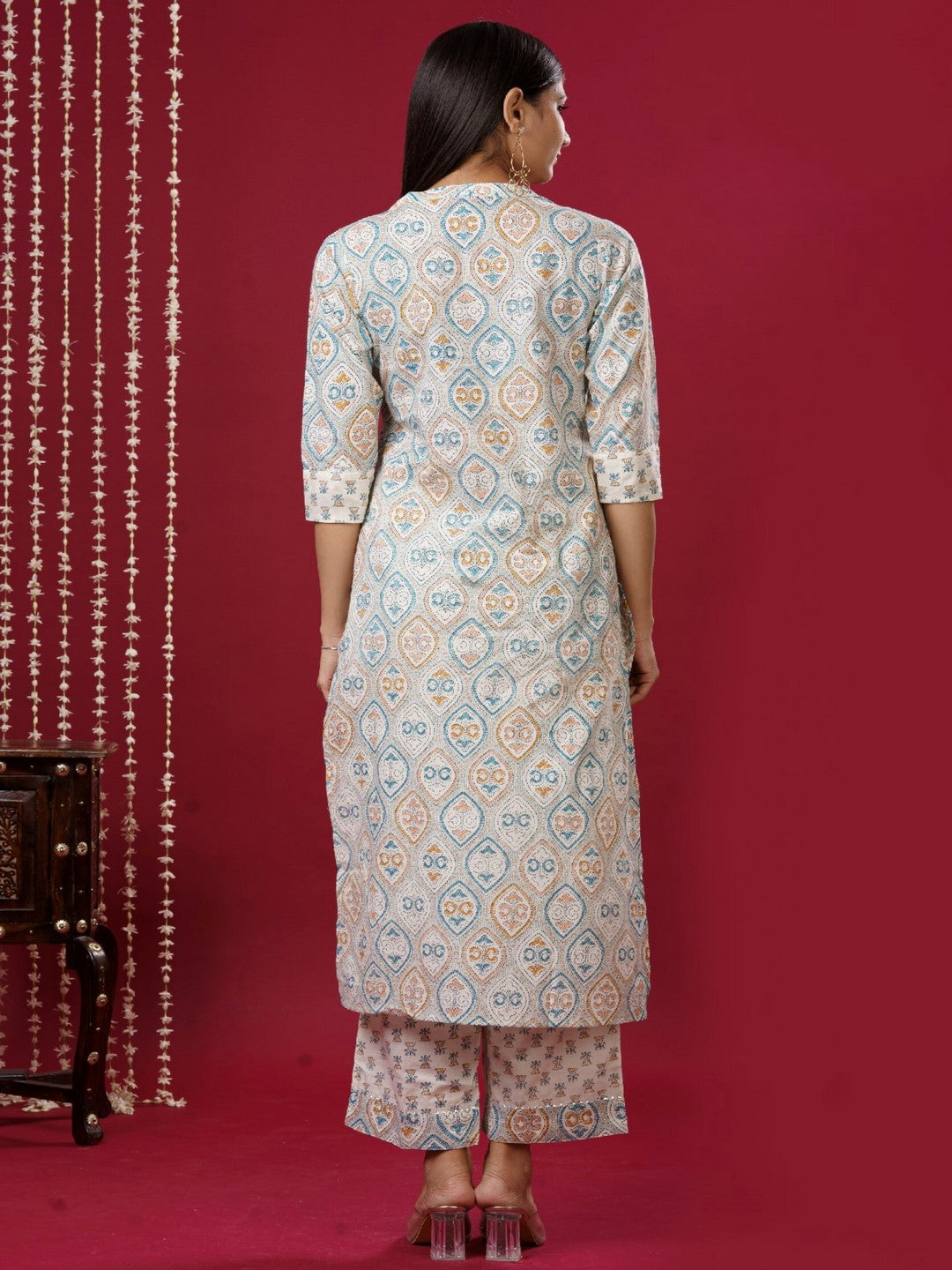 Viscose Rayon Mandarin Collar 3/4 Sleeve Printed Kurta Set