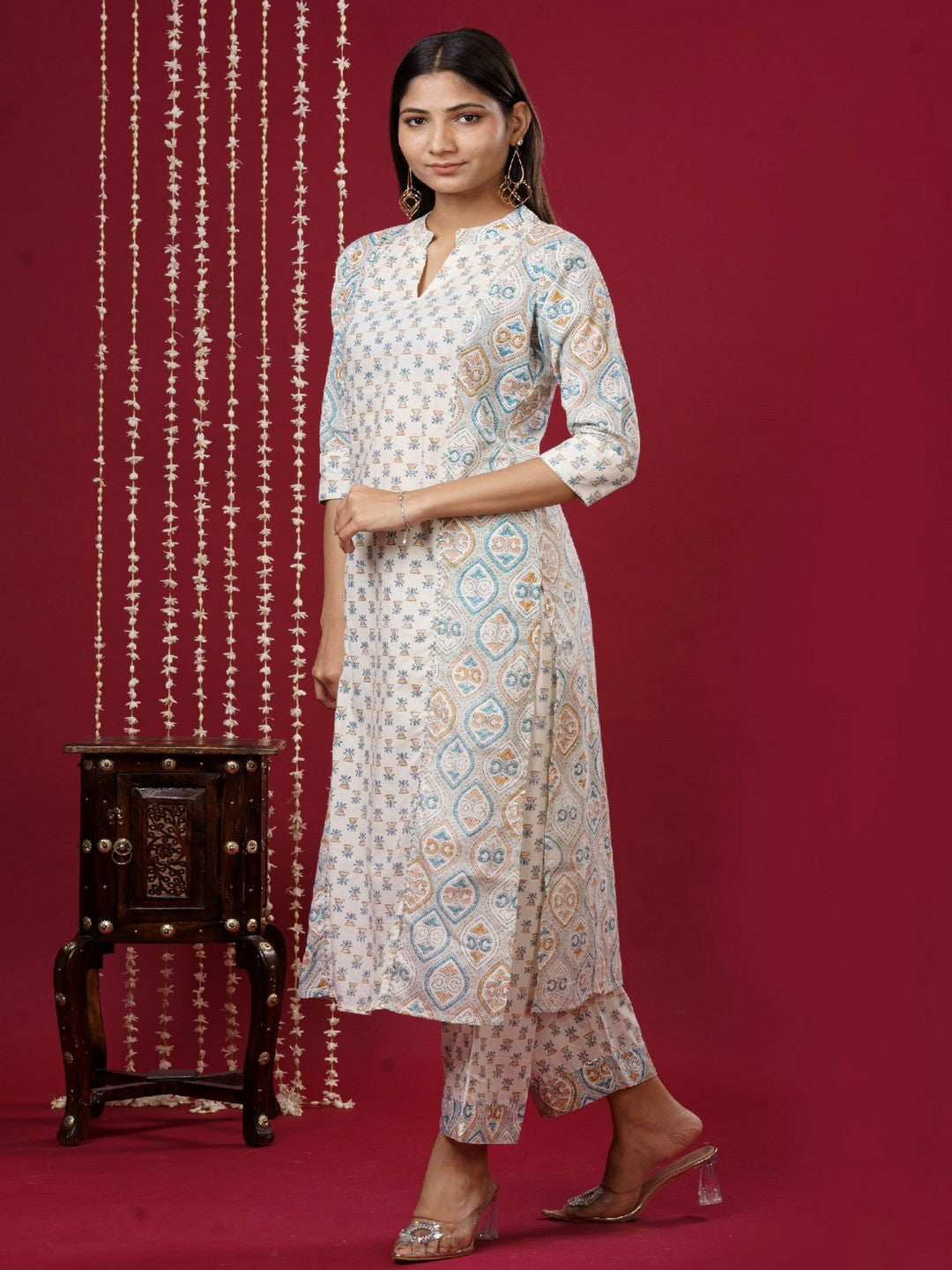 Viscose Rayon Mandarin Collar 3/4 Sleeve Printed Kurta Set