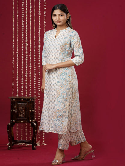 Viscose Rayon Mandarin Collar 3/4 Sleeve Printed Kurta Set