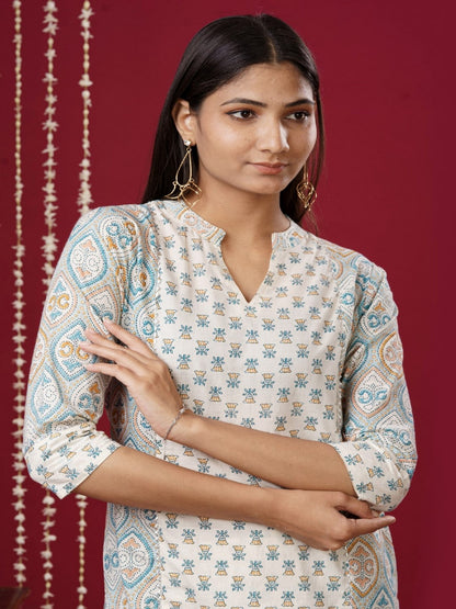 Viscose Rayon Mandarin Collar 3/4 Sleeve Printed Kurta Set