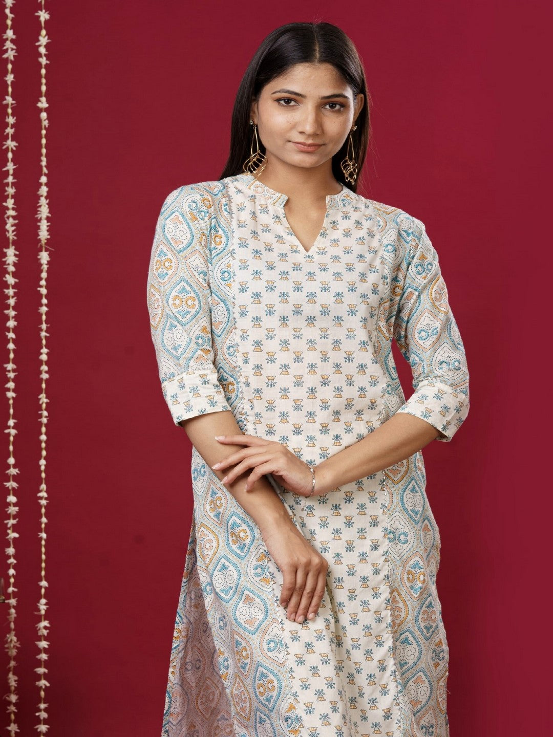 Viscose Rayon Mandarin Collar 3/4 Sleeve Printed Kurta Set