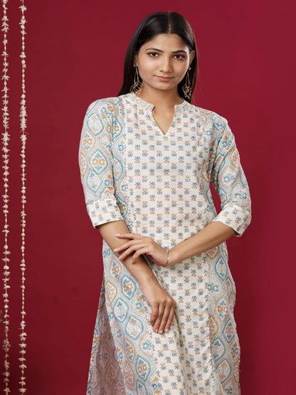 Viscose Rayon Mandarin Collar 3/4 Sleeve Printed Kurta Set